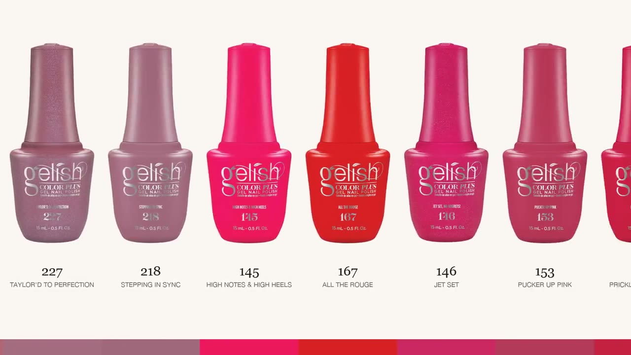 A Gelish Color Plus bottle being picked from the full colour rack